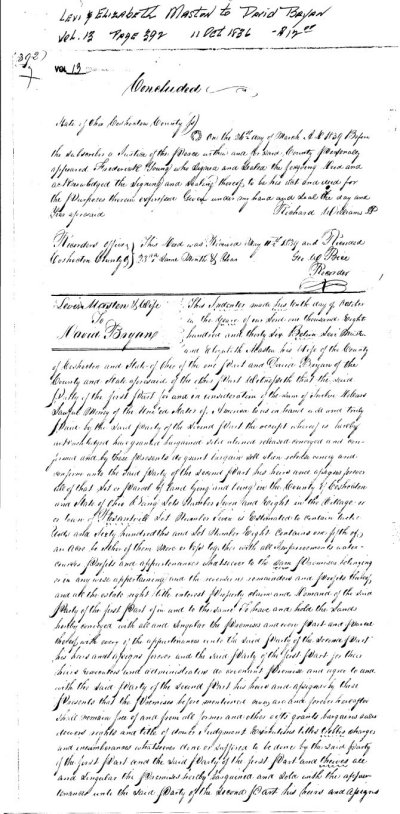 Deed of Sale on land owned by Levi and Elizabeth Masten -1836
				Coshocton County Ohio